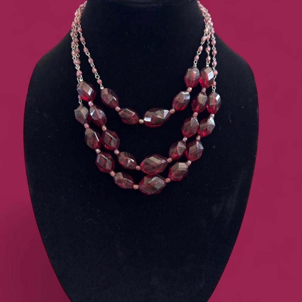 Elegant Three-Strand Faceted Burgundy Bead Necklace